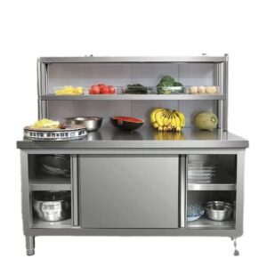 Stainless Steel Sliding Door Kitchen Cabinet with Double Overshelves