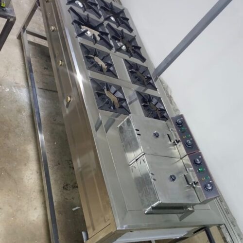 Combined Cooking Unit with 8 Burners, Cast Iron Grill & Double Fryer
