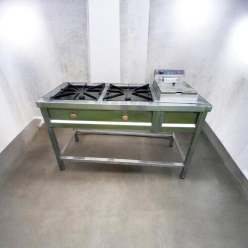 Stainless Steel Commercial Cooking Unit with Dual Burner & Integrated Deep Fryer
